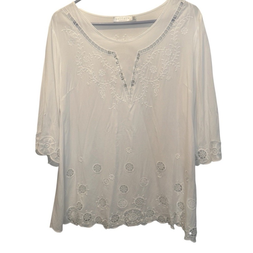 Solitaire by Ravi Khosla White Floral Embroidered 3/4 Poet Sleeve Rayon‎ Top L